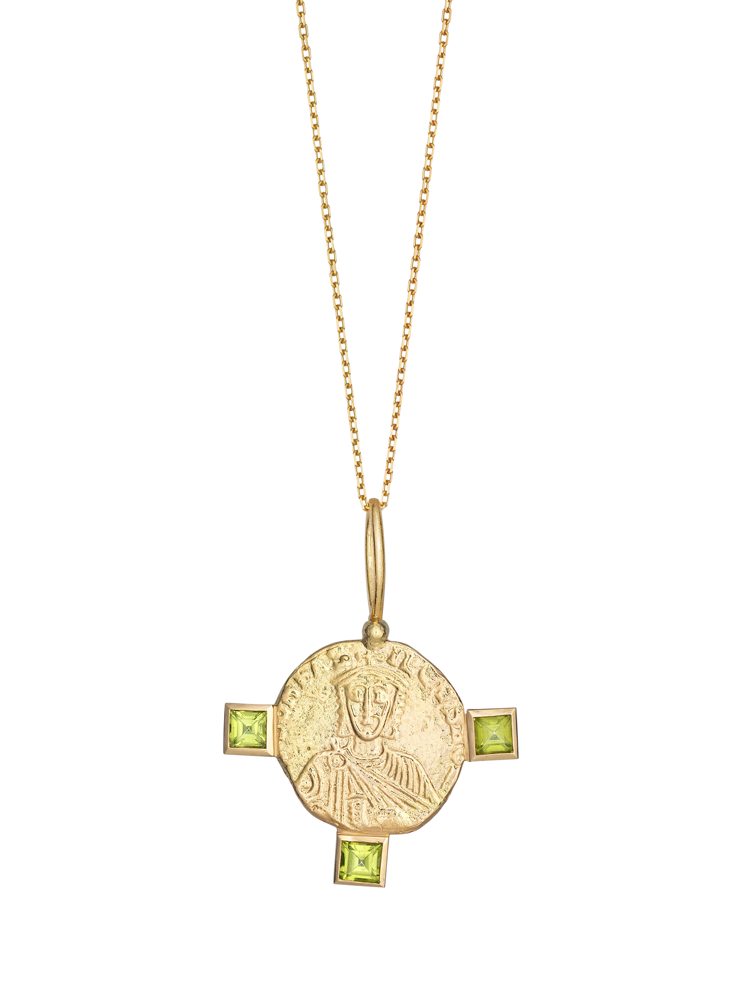 Byzantine grace medallion with three peridot - 18k solid gold